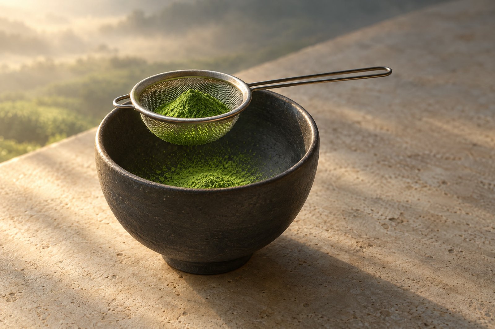 A fine sieve resting on a dark tea bowl, a mound of jade matcha powder in it.